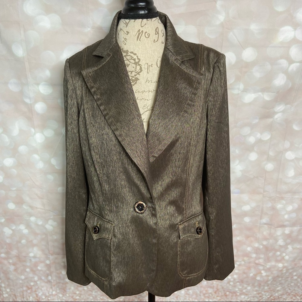 NWT Vesti One-Button Blazer - Brown with Metallic Gold Threads - Size 14